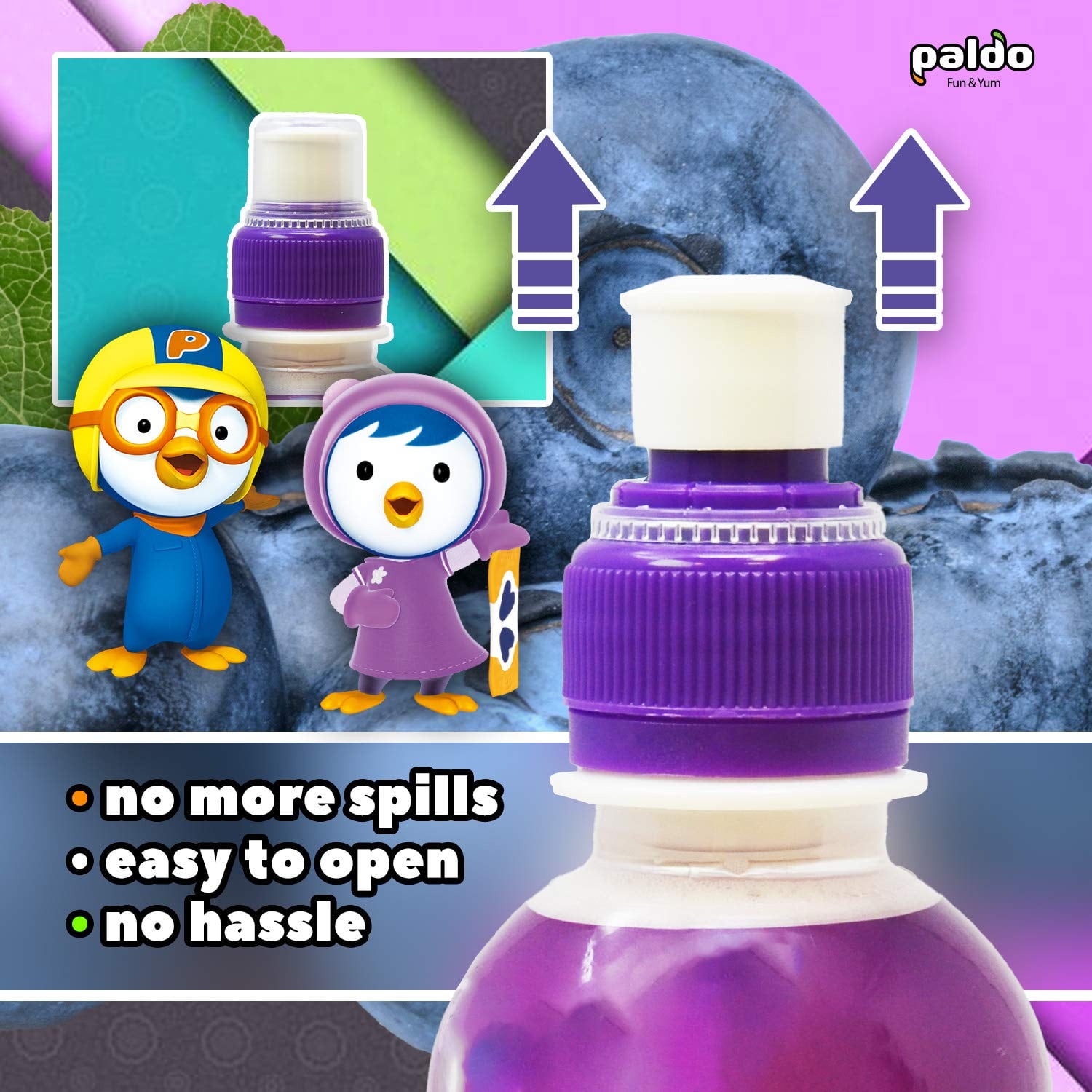 Paldo Fun & Yum Pororo Kids Blueberry Drink, 7.95 fl oz (235 ml), Pack of 8 – Fruit Juice Beverage with Push-Pull Sports Cap