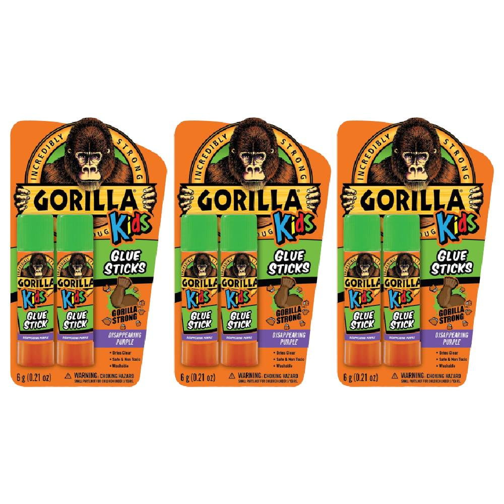 Gorilla Kids Glue Stick Purple Dries Clear School Safe NonToxic 2 Sticks Per Pack 6g Each, 3 