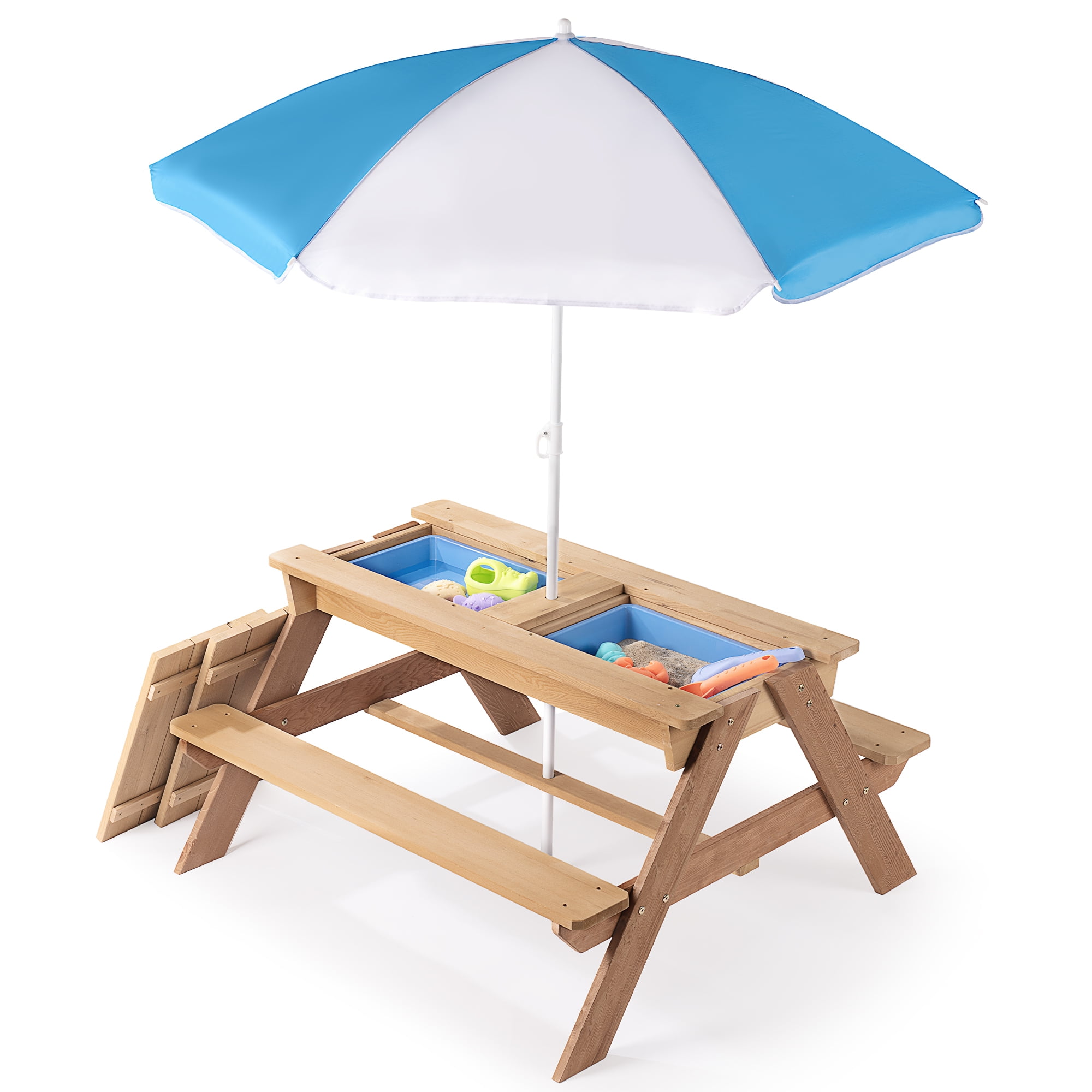 3-in-1 Outdoor Wooden Picnic Table With Umbrella, Convertible Sand & Water Activity Table
