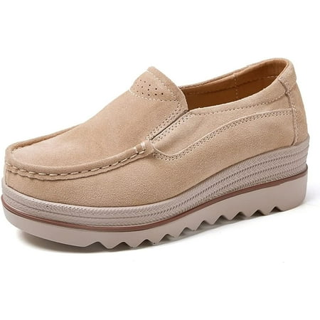 Platform Loafers for Women Slip on Wedge Penny Loafer Comfort Casual Dressy Walking Driving Shoes Wide Width Round Toe Suede Moccasins