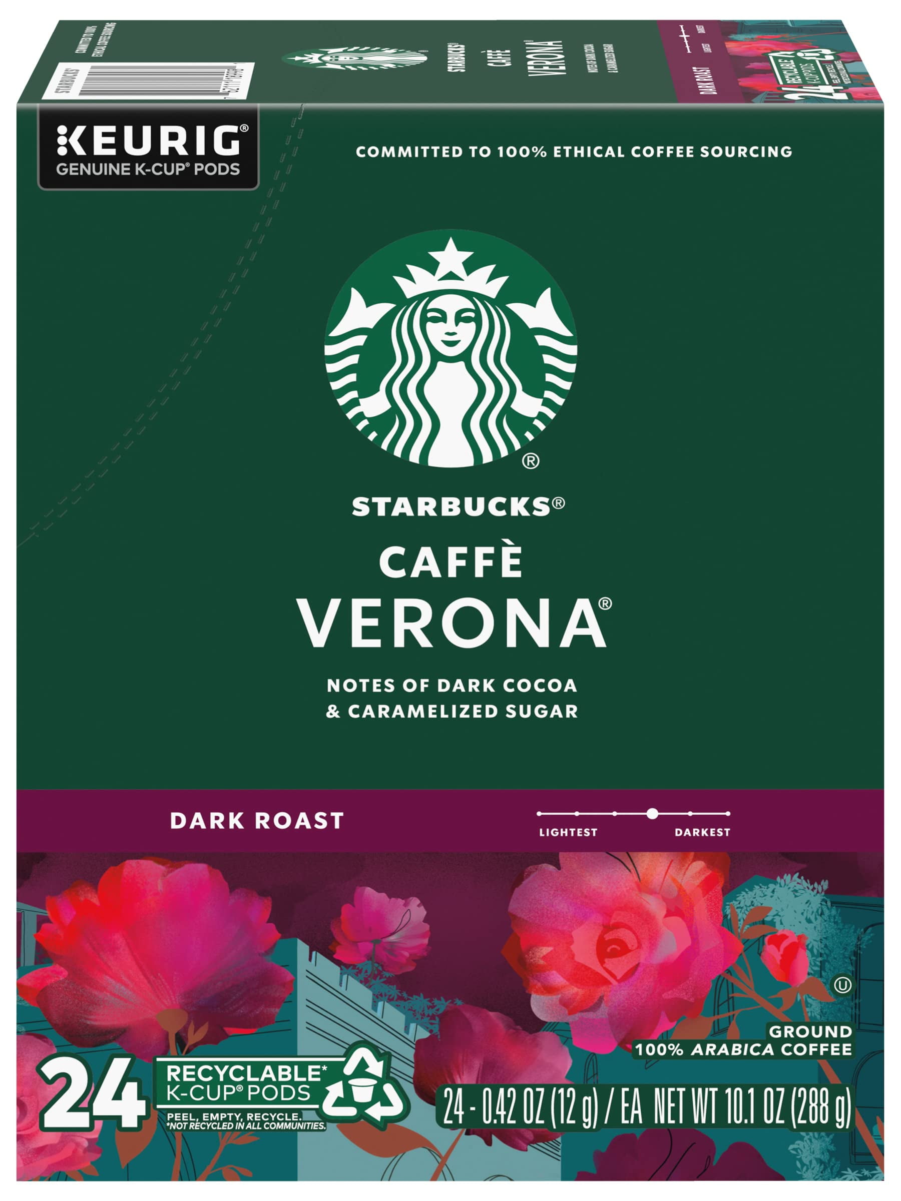 Starbucks Coffee K-Cup Pods, Caffè Verona, Dark Roast Coffee, Notes Of Dark Cocoa & Caramelized Sugar, Keurig Genuine K-Cup Pods, 24 Count K-Cups (Pack Of 2)