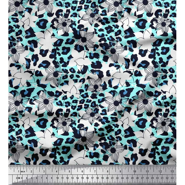 Soimoi Green Poly Georgette Fabric Floral & Leopard Animal Skin Print Fabric by Yard 52 Inch Wide