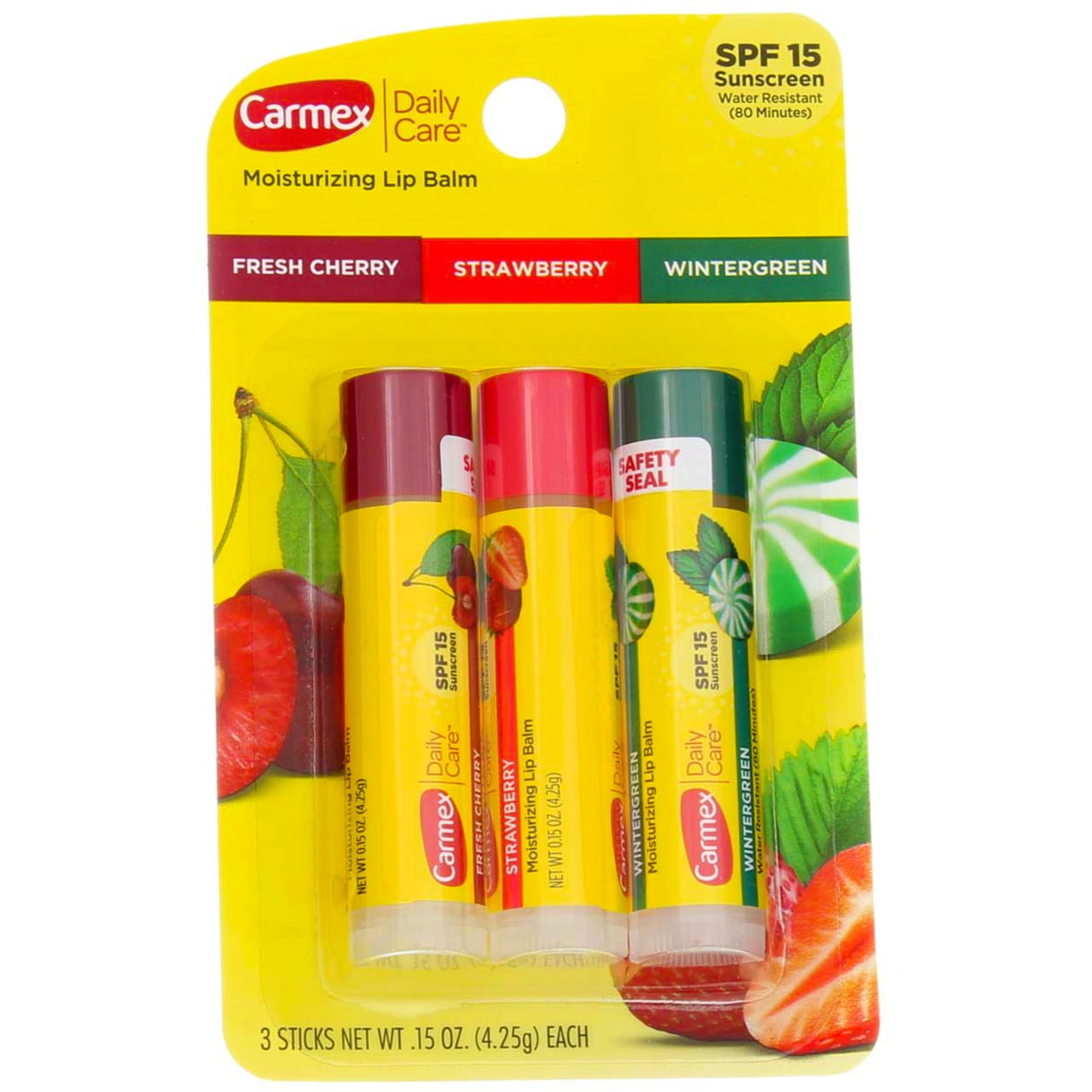 Carmex Daily Care Moisturizing Lip Balm Stick, Cherry, Strawberry, Wintergreen, SPF 15, 0.45 oz, 3 Ct (3 pack) (Bundle)