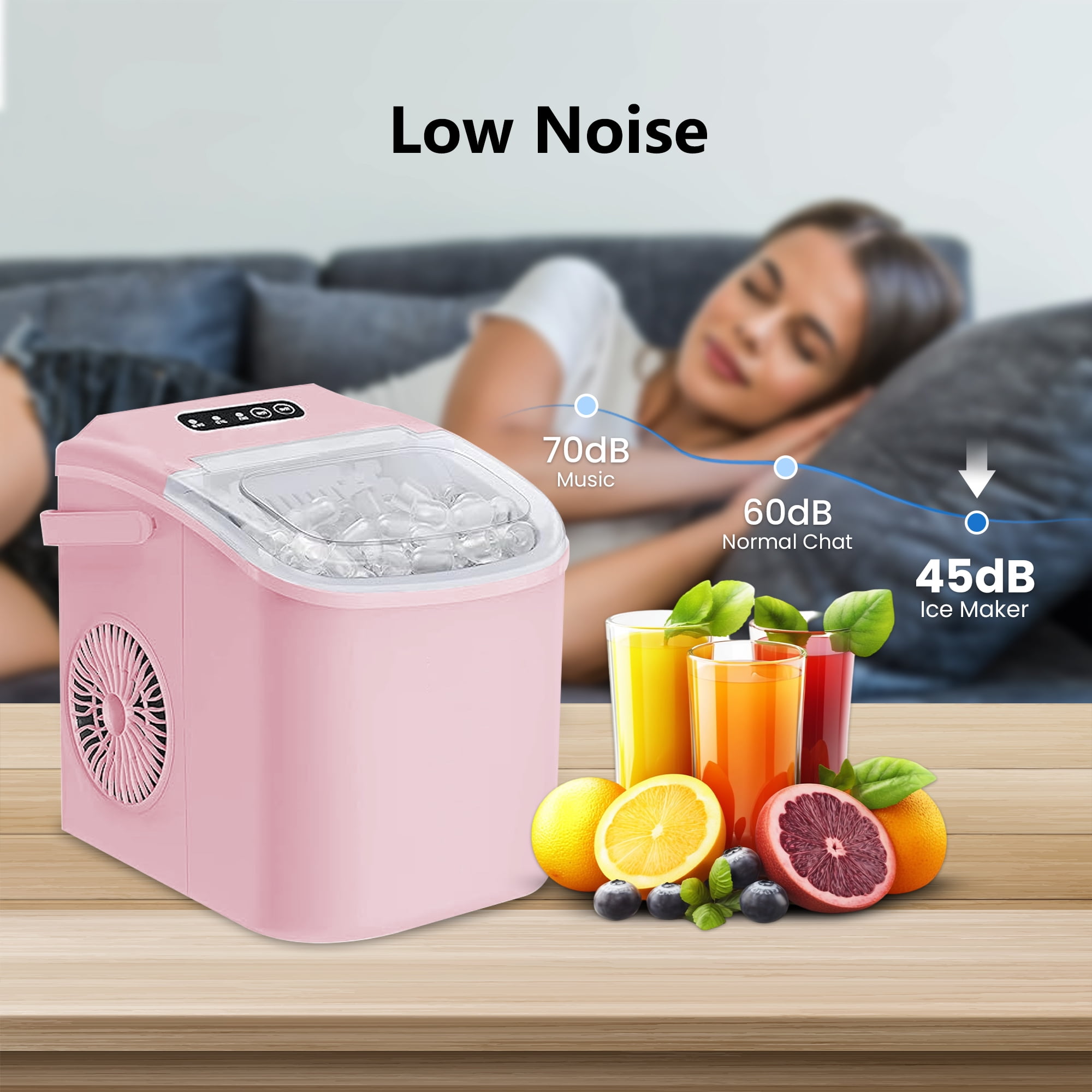 HUMSURE Countertop Ice Maker Machine with Handle, 26lbs  Per Day, 9 Ice Cubes Ready in 7 Mins, Self-Cleaning Portable Ice Maker with Basket and Scoop, for Home/Party/Kitchen/Camping/RV(Pink)
