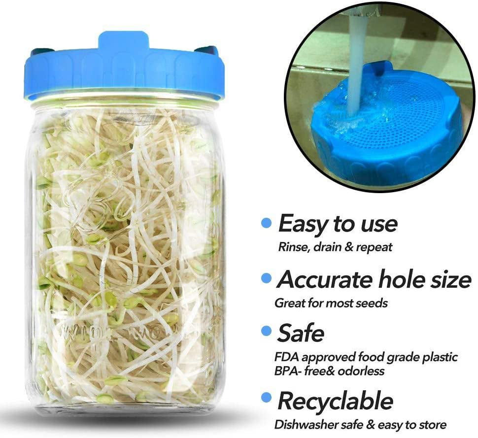 Seed Germination Lid 6-PCS Plastic Mason Jar Lid Maximum Air Flow Easy to Rinse and Drain Diameter 90MM Mason Bottle Bean Sprouting Cover 