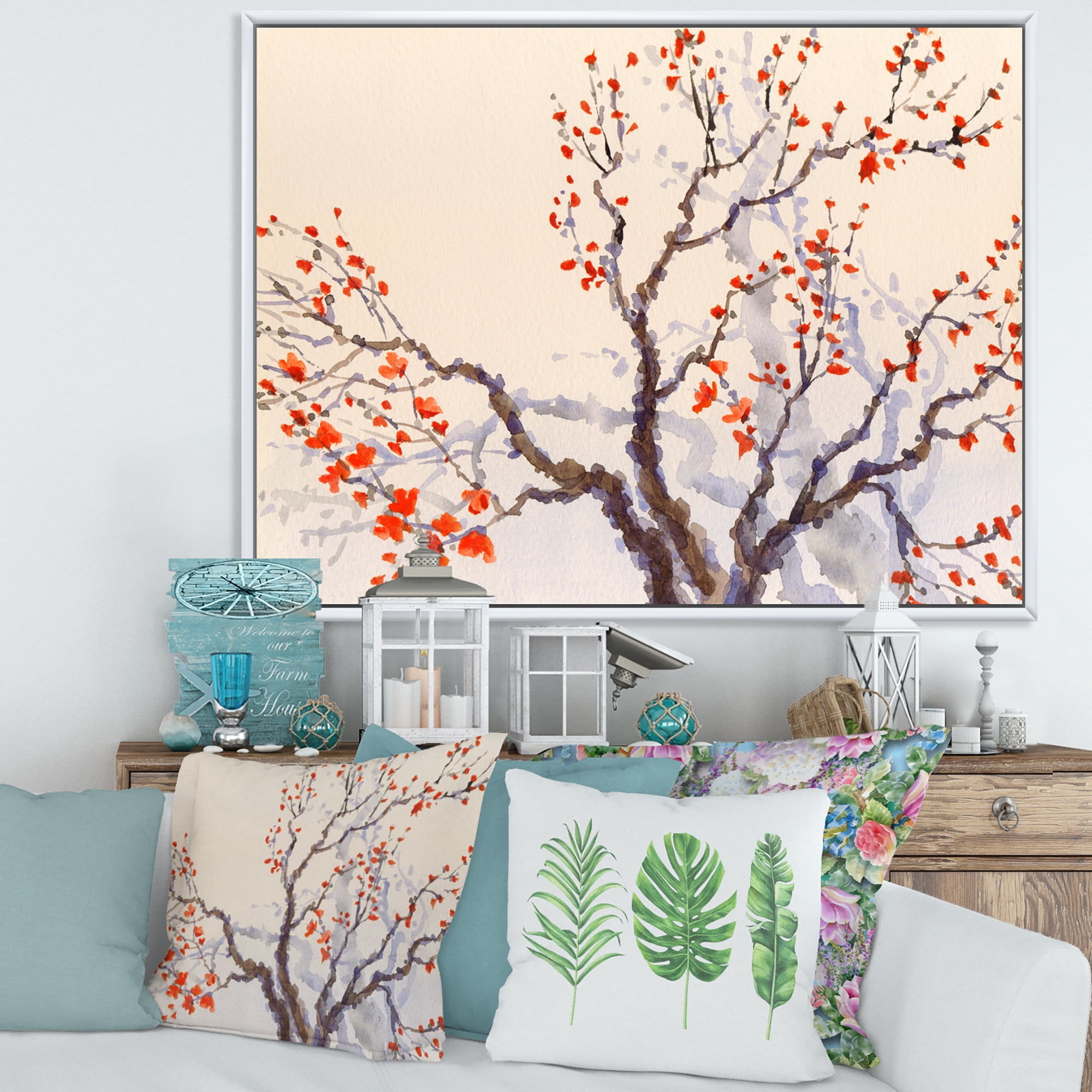Designart 'Buds and Red Flowers On The Spring Blossoming Tree' Traditional Framed Canvas Wall Art Print