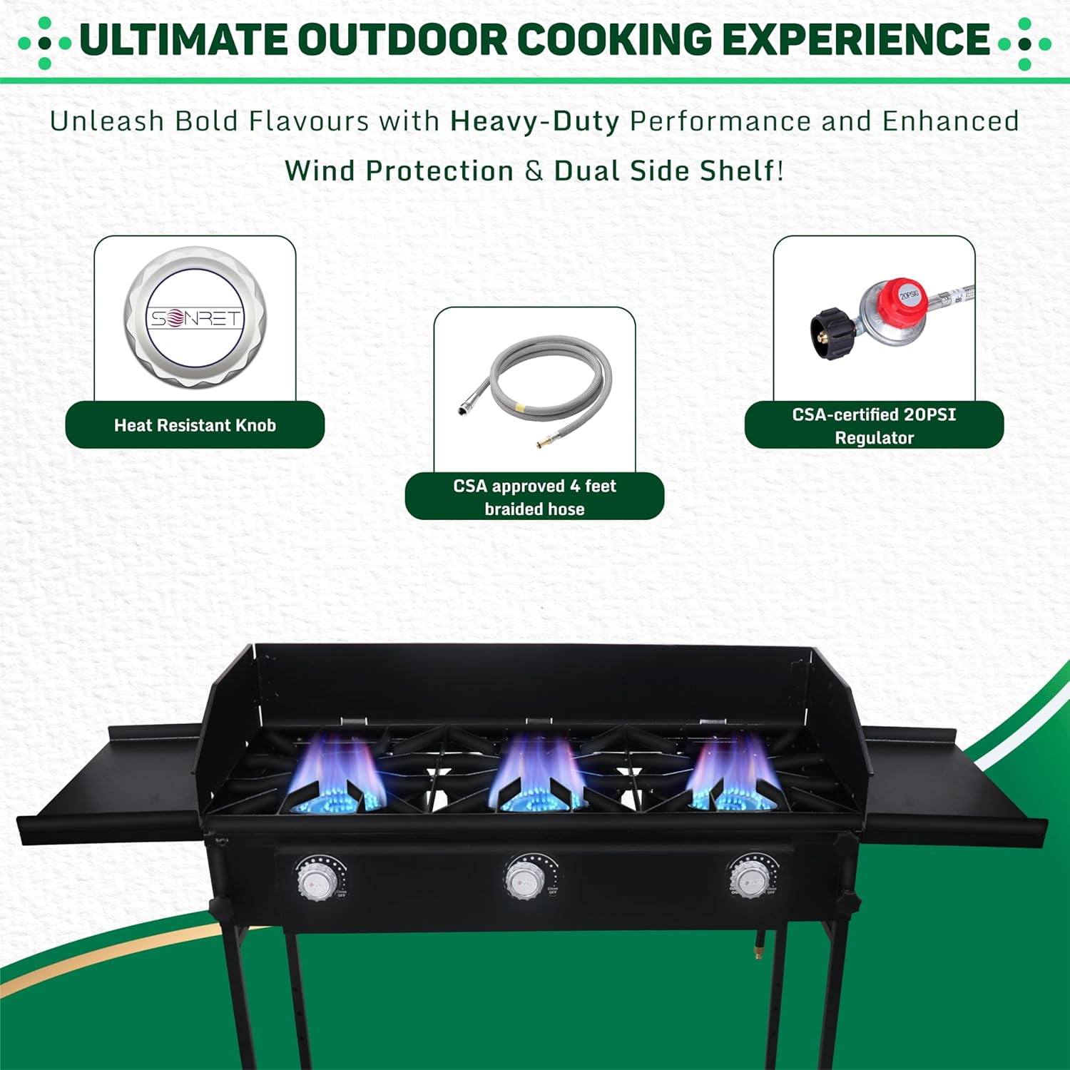 SONRET - Three Burner Propane Outdoor Camping Stove - with Side Shelf and Wind Panel