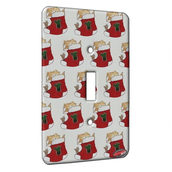 KuzmarK™ Single Gang Toggle Switch Wall Plate - Maine Coon Kitty and Mouse JOY Set Christmas Stocking Y Cat Modern Art by Denise Every