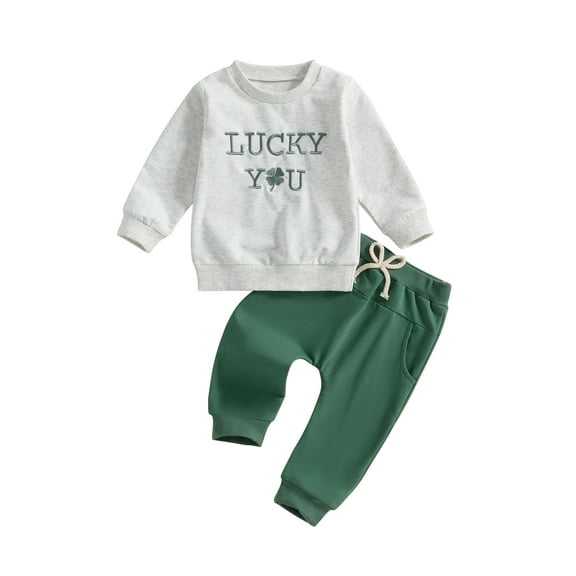 Baby Toddler 2Pcs Spring Outfits 0 6 12 18 24 Months 2T 3T Long Sleeve Irish Clover Embroidery Sweatshirt Pants Set Infant Clothes
