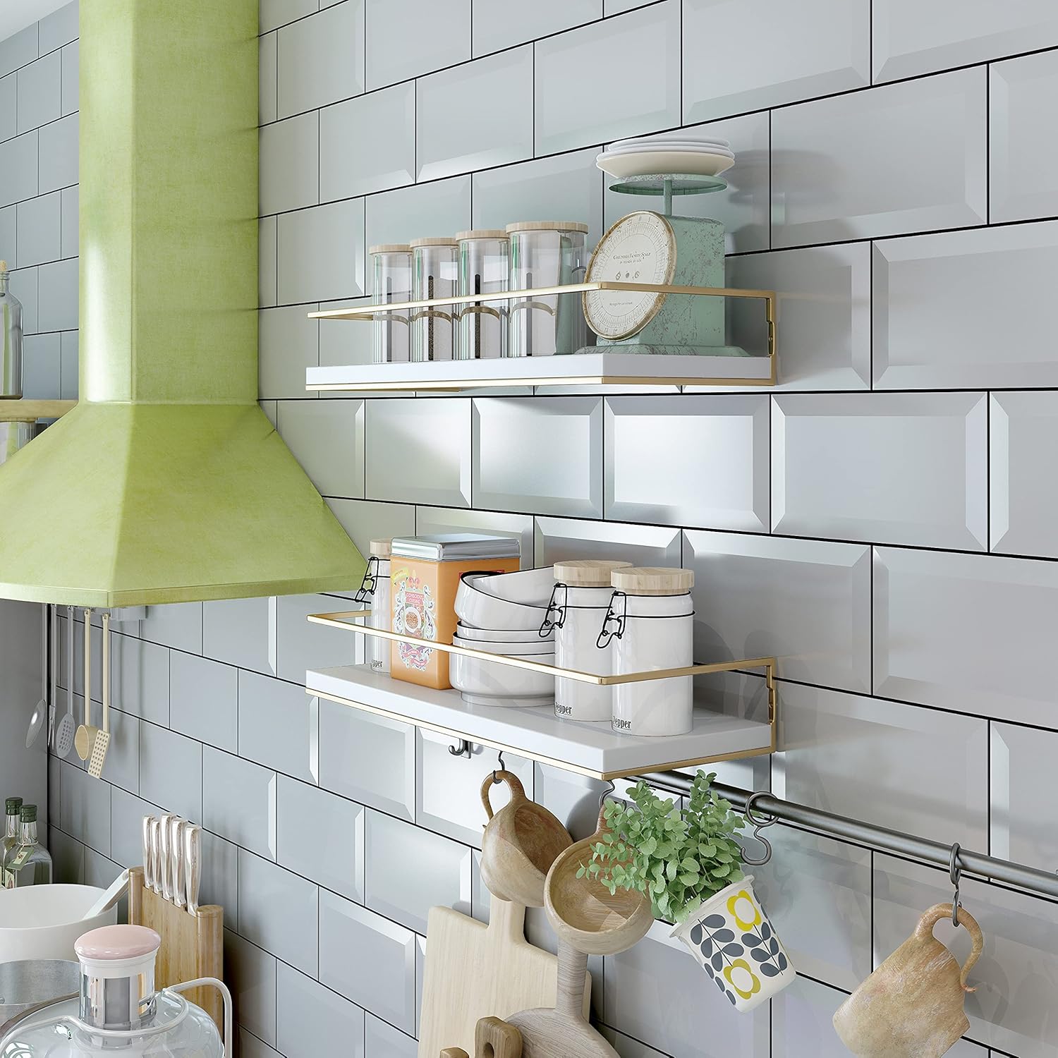 LSFA White Gold Floating Storage Shelves Set of 2 with Towel Rack 15.7 Inch Decorative Wall Shelf