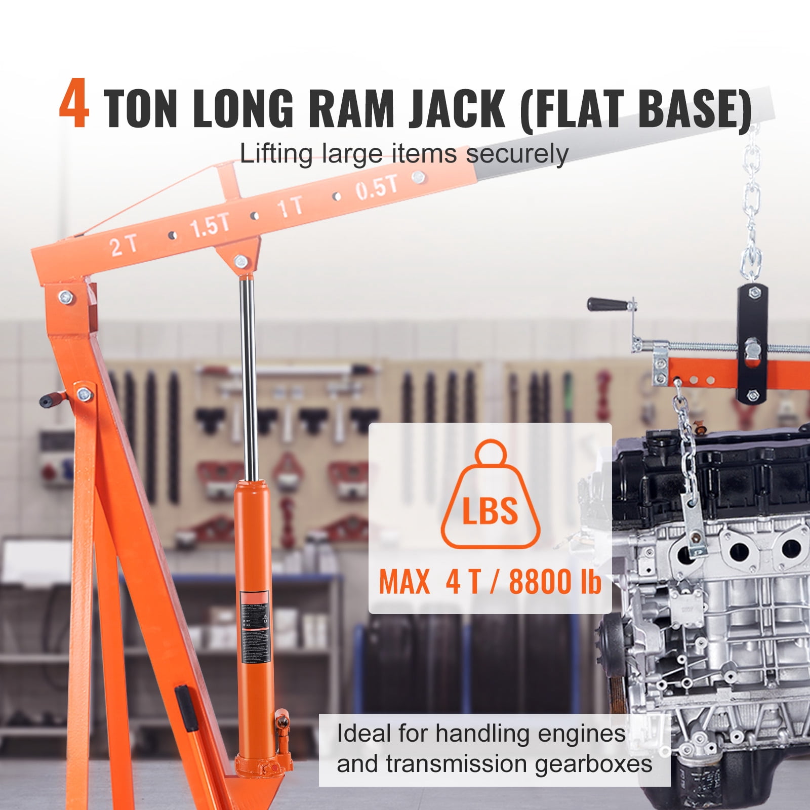 KFFKFF Hydraulic Long Ram Jack, 4 Ton Capacity, Single Piston Pump, Flat Base Design, Ideal for Engine Hoists, Garage and Shop Cranes, Farm Machinery and Mechanical Maintenance