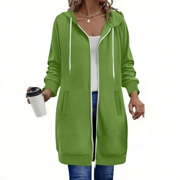 Yteetum Sweatshirts Hoodies for Women Drawstring Zip up Fleece Long Hoodie Jackets Outwear Womens Casual Solid Oversized Zipper Loose Fits Long Sleeve Long Length Pockets Hooded Sweatshirt Fall Coats