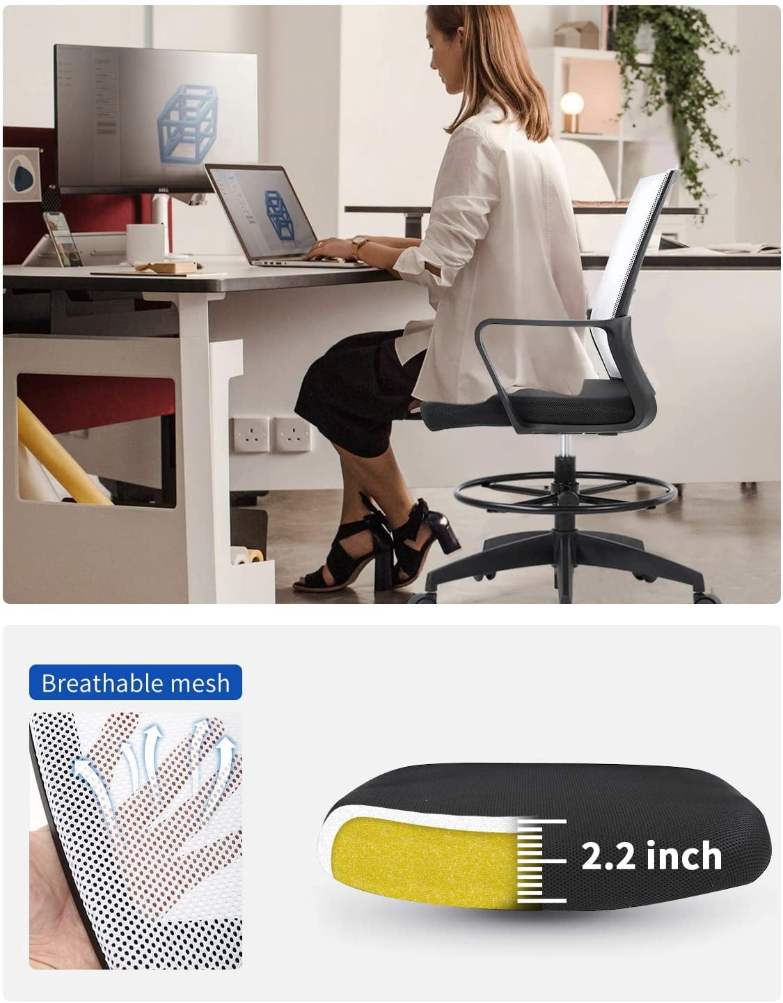 BestOffice Tall Drafting Office Chair, Lumbar Support, Adjustable Arms, Swivel Rolling for Adults(White)