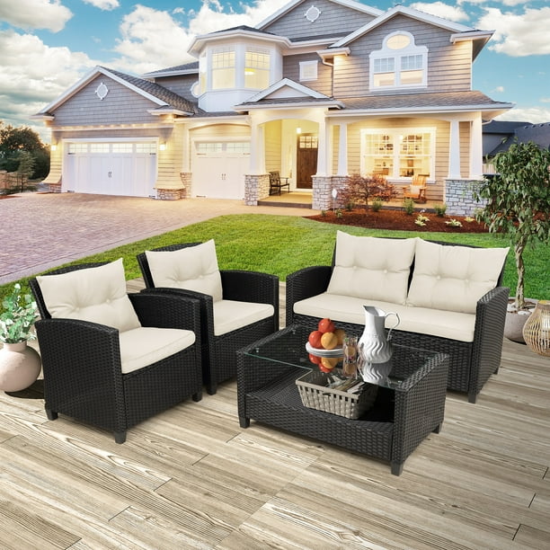 Topmax Wicker Sectional Patio Set 4 Pieces Furniture Rattan Conversation For Lawn Garden Outdoor Chair Sofa Cushions And Storage Glass Table Beige Com Topmax Wicker Sectional Patio Set 4, Lawn And Garden Patio Furniture