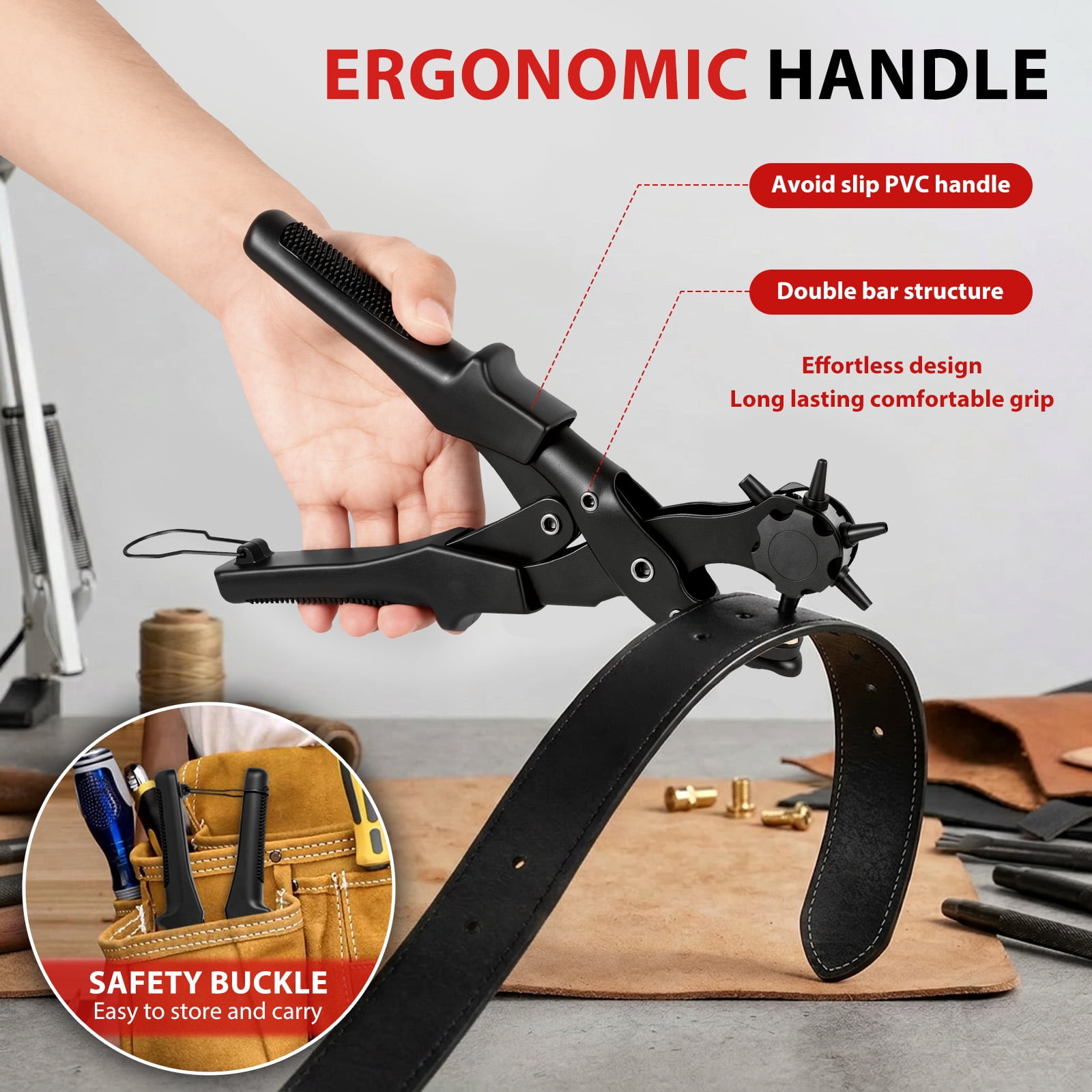 Leather Hole Punch Set Punch Pliers with PVC Handle and Effort Saving Design Ideal for Belt Plastic Rubber Canvas DIY Leather Work,Black