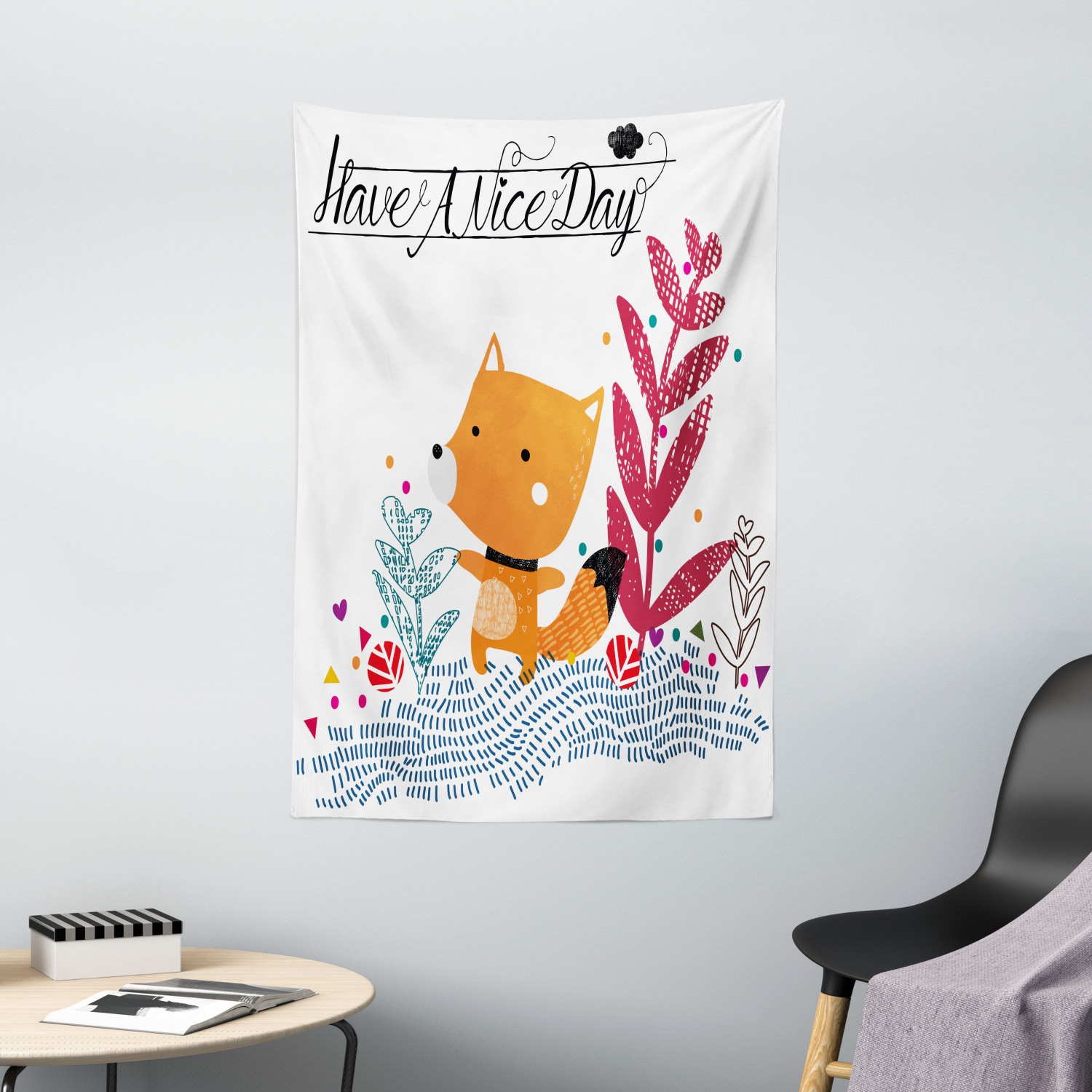 thumbnail image 1 of Fox Tapestry, Cute Little Fox Character Colorful Geometric Spring Field Have a Nice Day Text Dots, Wall Hanging for Bedroom Living Room Dorm Decor, 40W X 60L Inches, Multicolor, by Ambesonne, 1 of 2