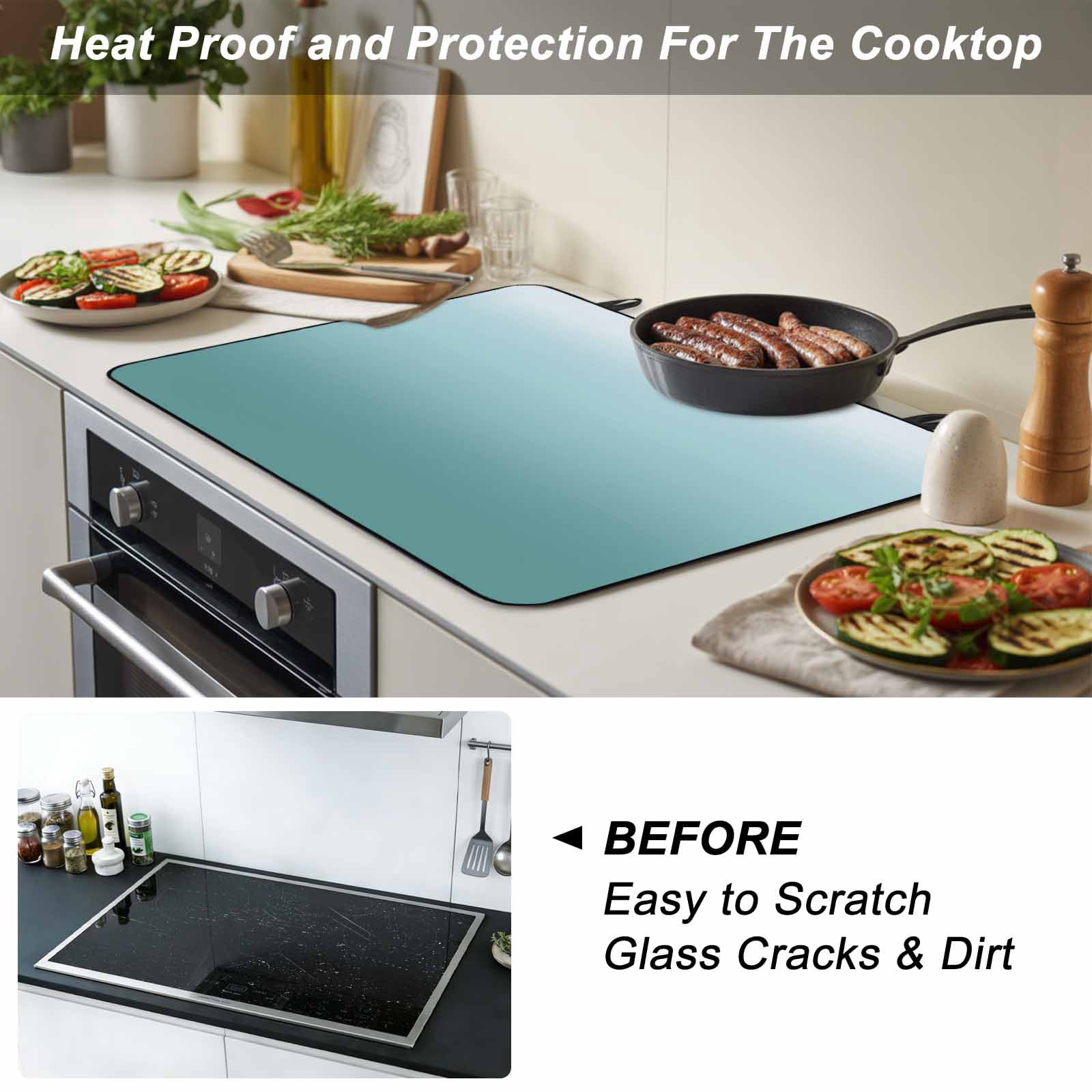 Turquoise Ombre Stove Top Cover for Electric Stove, Heat-proof & Non Slip Glass Top Stove Cover Protector, Teal White Gradient Modern Abstract Art Kitchen Flat Cooktop Rubber Mat 31x24 Inches