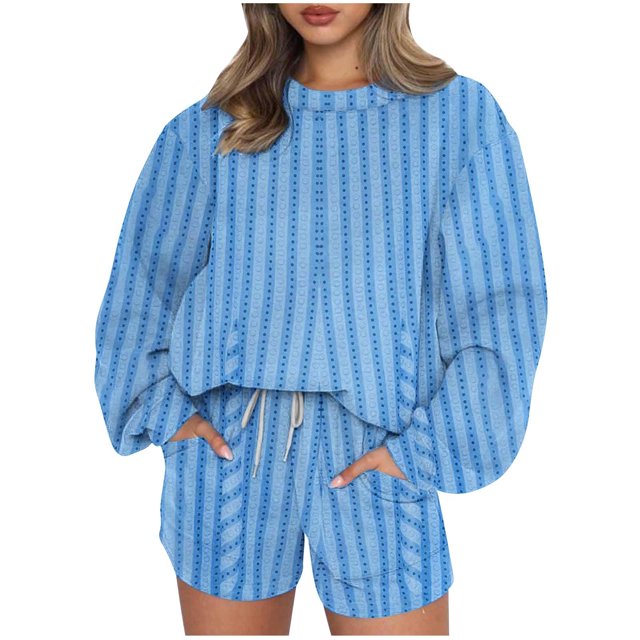Puntoco Conjunto De Sudadera Con Pantalón Y top De Cuello Redondo De Manga Larga Informal Con Estampado De Rayas Para Mujer Azul Cielo Xl