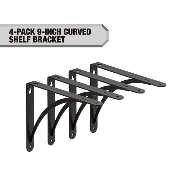 Hyper Tough 9" X 6.5" Curved Shelf Bracket, Black, 4-Pack