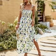 thumbnail image 2 of HAPIMO Cotton Linen Tea Length Dress for Women Clearance Floral Print Boho Summer Beach Round Neck Sundress Girls Vacation Elegant Leisure Relaxed Vintage Sleeveless White, 2 of 5