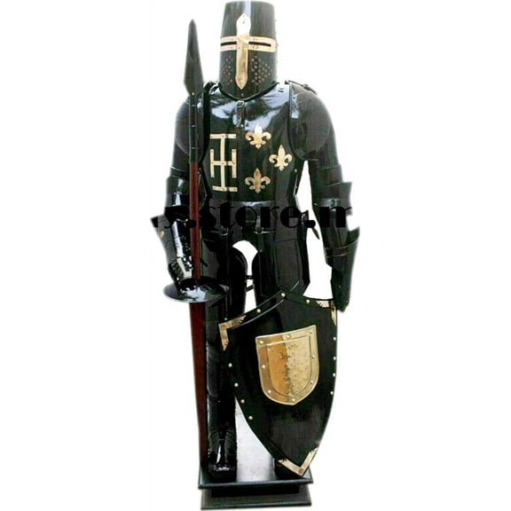 THOR INSTRUMENTS Medieval Knight CRUSADER Full Suit of Armour Halloween Collectibles Armor Costume Black Rustic Vintage Home Decor Gifts