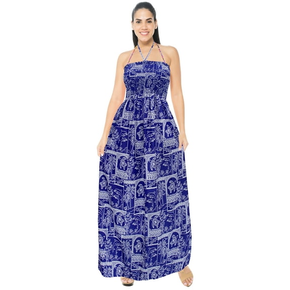 HAPPY BAY Women's Beach Summer A-Line Maxi Smocked Top Slit Dress Long Casual Strapless Tube Dresses for Women One Size Blue, Tropical
