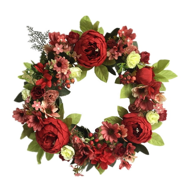 simhoa Door Wreath Peony Flowers Welcome Sign Decorative for Window Parties Décor Red Red 40cm