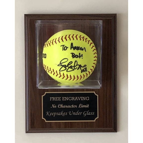 Softball Wall Mount Display Case Holder for 11" or 12" Ball - With a Walnut Finish Wood Plaque   - Free Engraving