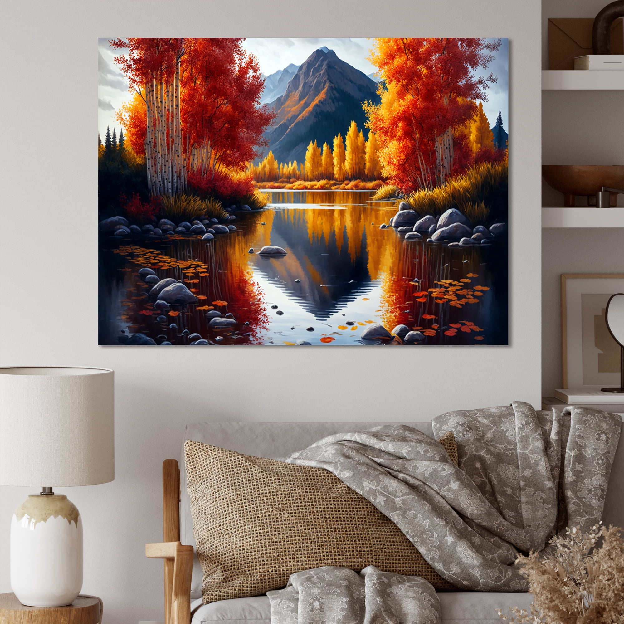 Designart Red And Orange Birch Trees By The Lake IV Canvas Wall Art