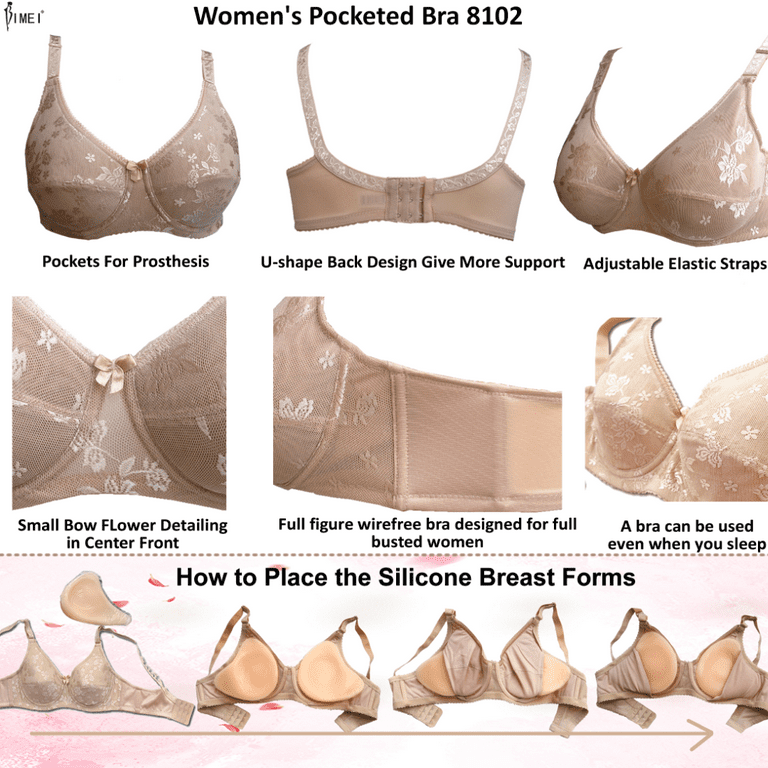 BIMEI Mastectomy Bra with Pockets for Breast Prosthesis Women's Full  Coverage Wirefree Everyday Bra plus size 8102,Beige,40B