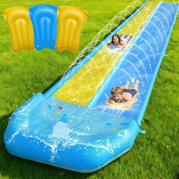 NEYCIL Slip and Slide 29.5ft, Extra Long Inflatable Water Slide with Sprinkler, 3 Bodyboards, 8 Pegs, 6 Patches, 1 Adapter, Blue