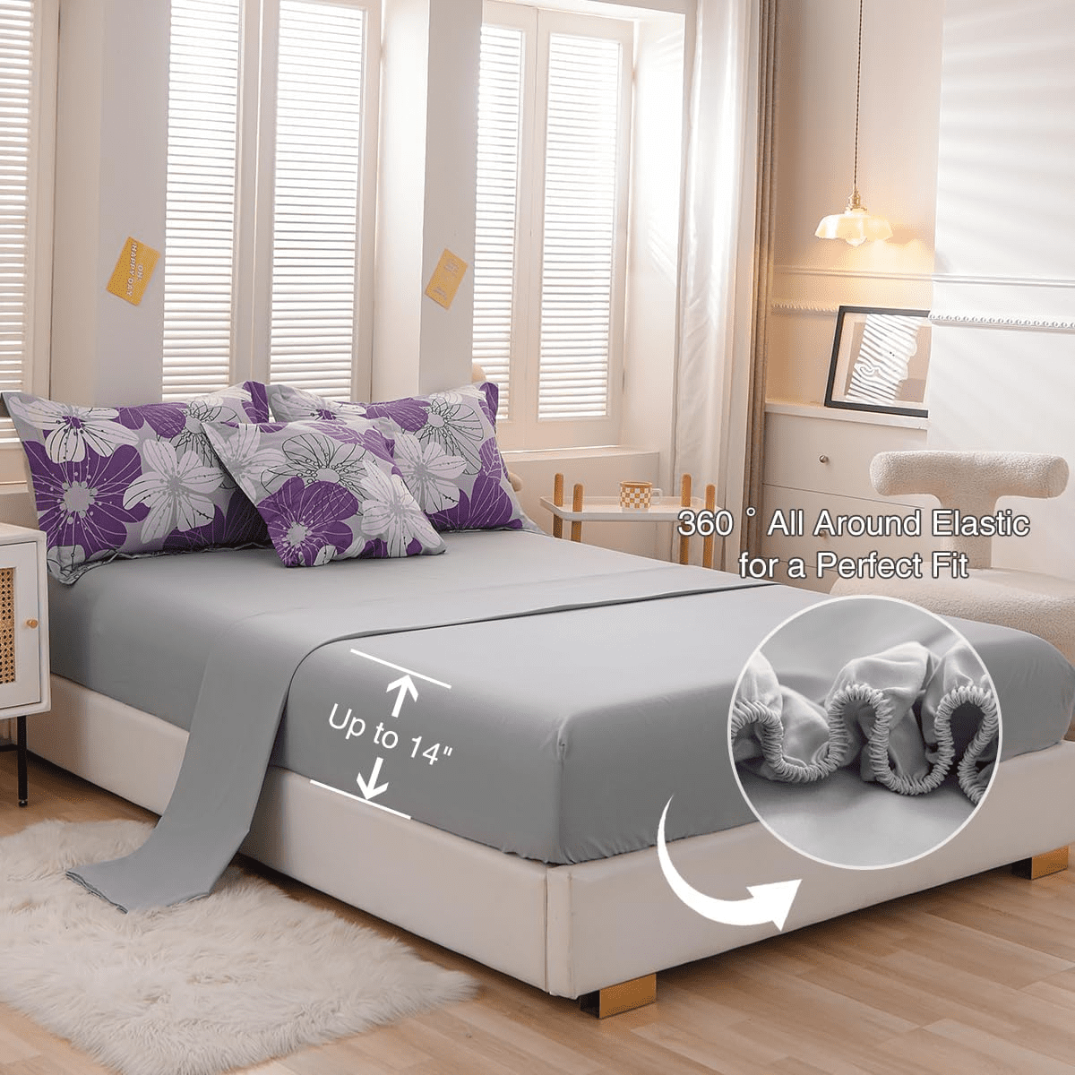 Btargot 6PCS Purple Floral Comforter Sets King Flower Bedding Set Adult Botanical Boho Bed-in-a-Bag