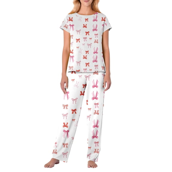 Garbnen Valentine Pajama Set Women Bow Print Short Sleeve Crew Neck Top and Long Pants Spring Summer 2 Piece Lounge Sets