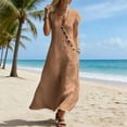 thumbnail image 6 of Women's Cotton Linen Midi Dress Summer Short Sleeve V‑Neck Asymmetrical Button Casual Dress with Side Pockets Khaki M(M), 6 of 6