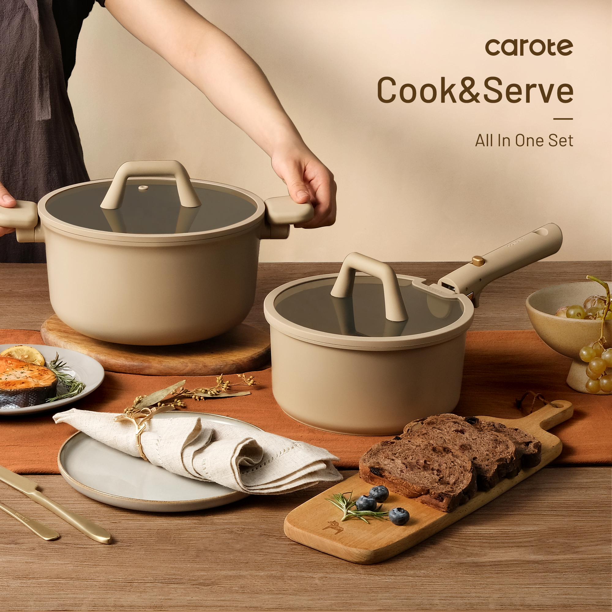 CAROTE 21-Piece Nonstick Cookware Set with Detachable Handle, Pots and Pans Set, Oven/Dishwasher Safe, Brown