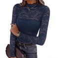 thumbnail image 2 of WULMLEO Womens Mock Neck Lace Tops Long Sleeve Floral Sheer Mesh Slim Fitted Blouse Navy M, 2 of 7