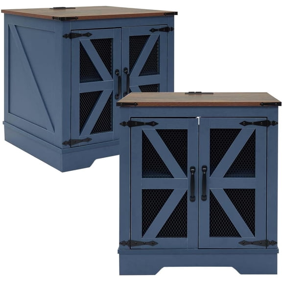Farmhouse Nightstand with Charging Station Set of 2, Side Table with Barn Door and Storage, Rustic Wood Bedside Table, End Table for Living Room and Bedroom, Blue