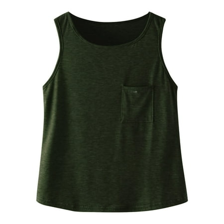 AWZXDE Girls Solid Color Sleeveless Round Neck Top with Pocket - Summer Casual Kids Blouse Comfortable Daily Wear for Outings Army Green 13-14 Years