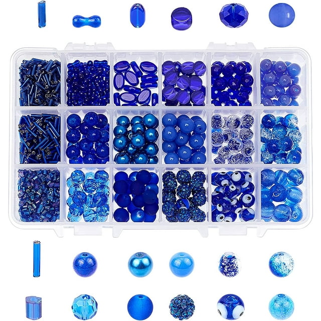 345 cuentas redondas de vidrio azul real con tubo de 60 g de cuentas de vidrio azul de 6 mm, 8 mm, 9 mm y 10 mm para la elaboración de joyas. Incluye caja organizadora.