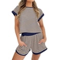 thumbnail image 4 of Short Sleeve Stripe Print Women 2 Pieces Lounge Sets Tops and Shorts Pants Sets, 4 of 6