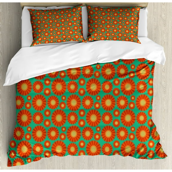 Gerber Daisy Duvet Cover Set King Size, Irregular Order Big and Little Summer Petals, Decorative 3 Piece Bedding Set with 2 Pillow Shams, Sea Green Vermilion Avocado Green Apricot, by Ambesonne