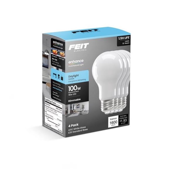 Feit Electric 3018648 100W A19 E26 Daylight Equivalence Medium LED Bulb, Pack of 4