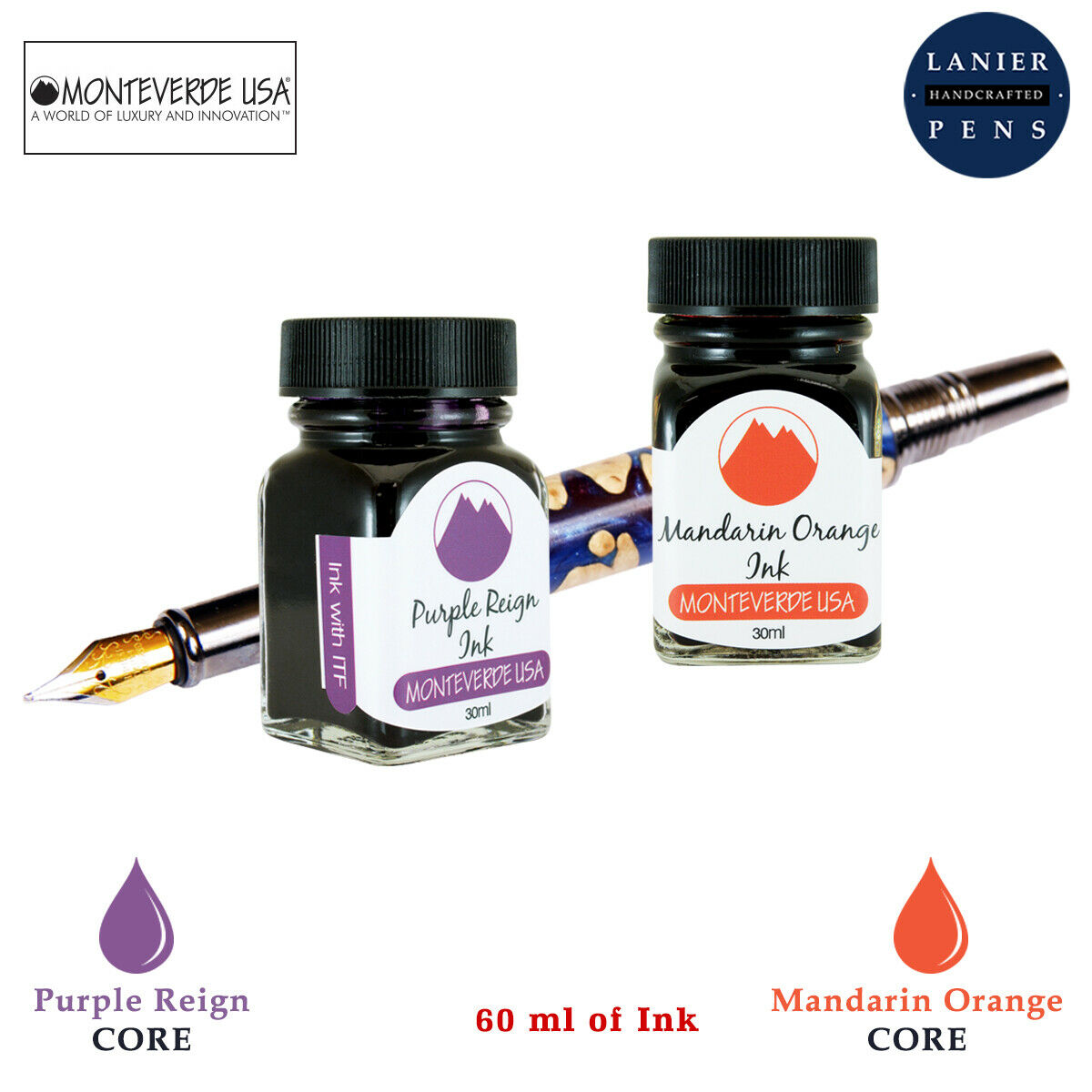 Monteverde 60ml Core Fountain Pen Ink Bottle (30ml Purple Reign Ink Bottle G309PR, 30ml Mandarin Orange Ink Bottle G309MO)