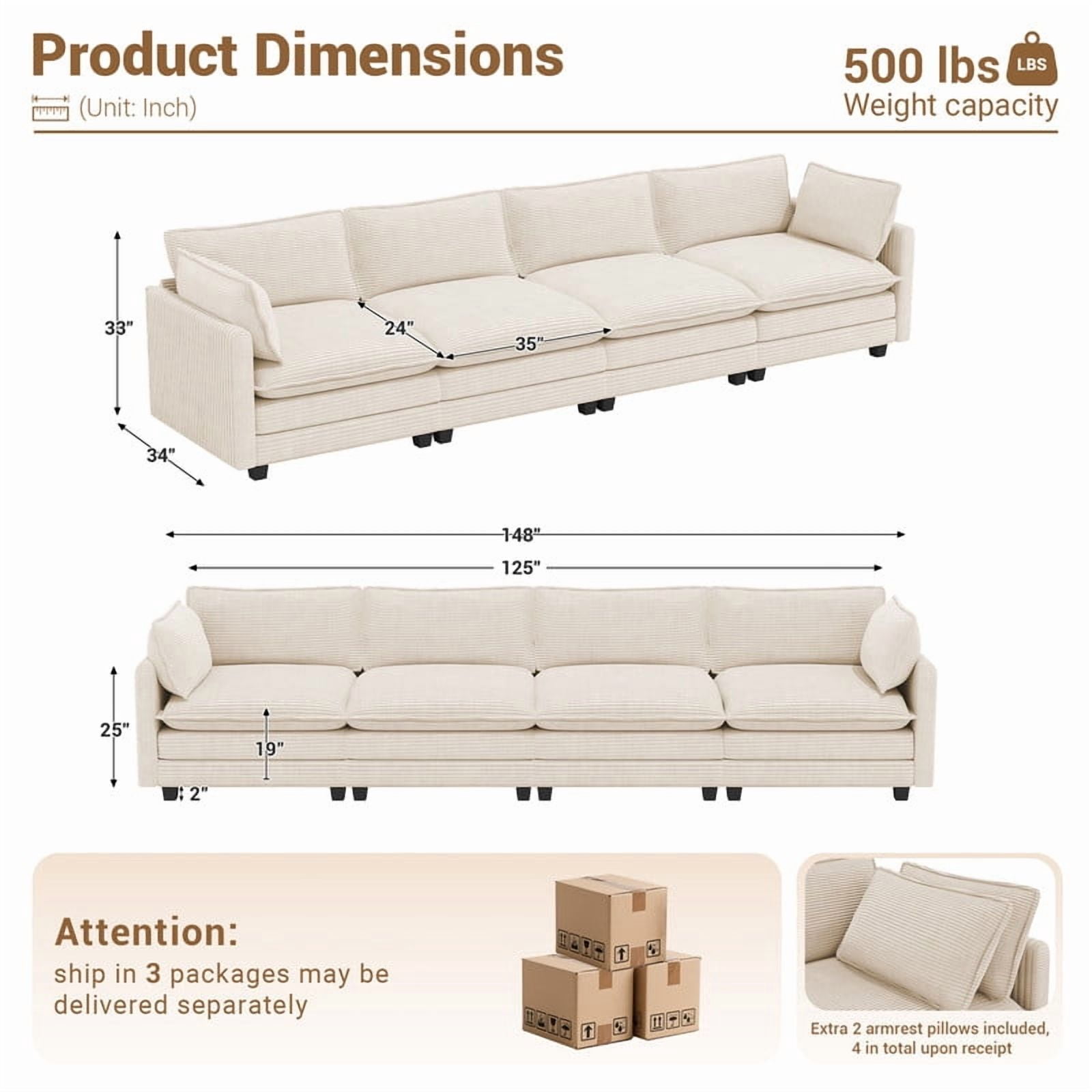 RIAFUN Oversized 4-Seat Modular Corduroy Sectional Cloud Couch, Deep Seat Upholstered Sofa with 2 Throw Pillows, Cozy Living Room Furniture, Beige