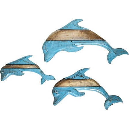 WorldBazzar SET OF 3 DOLPHIN HAND CARVED OUT WOOD Beach Ocean Sea Life Wall Art Nautical Coastal Home Décor