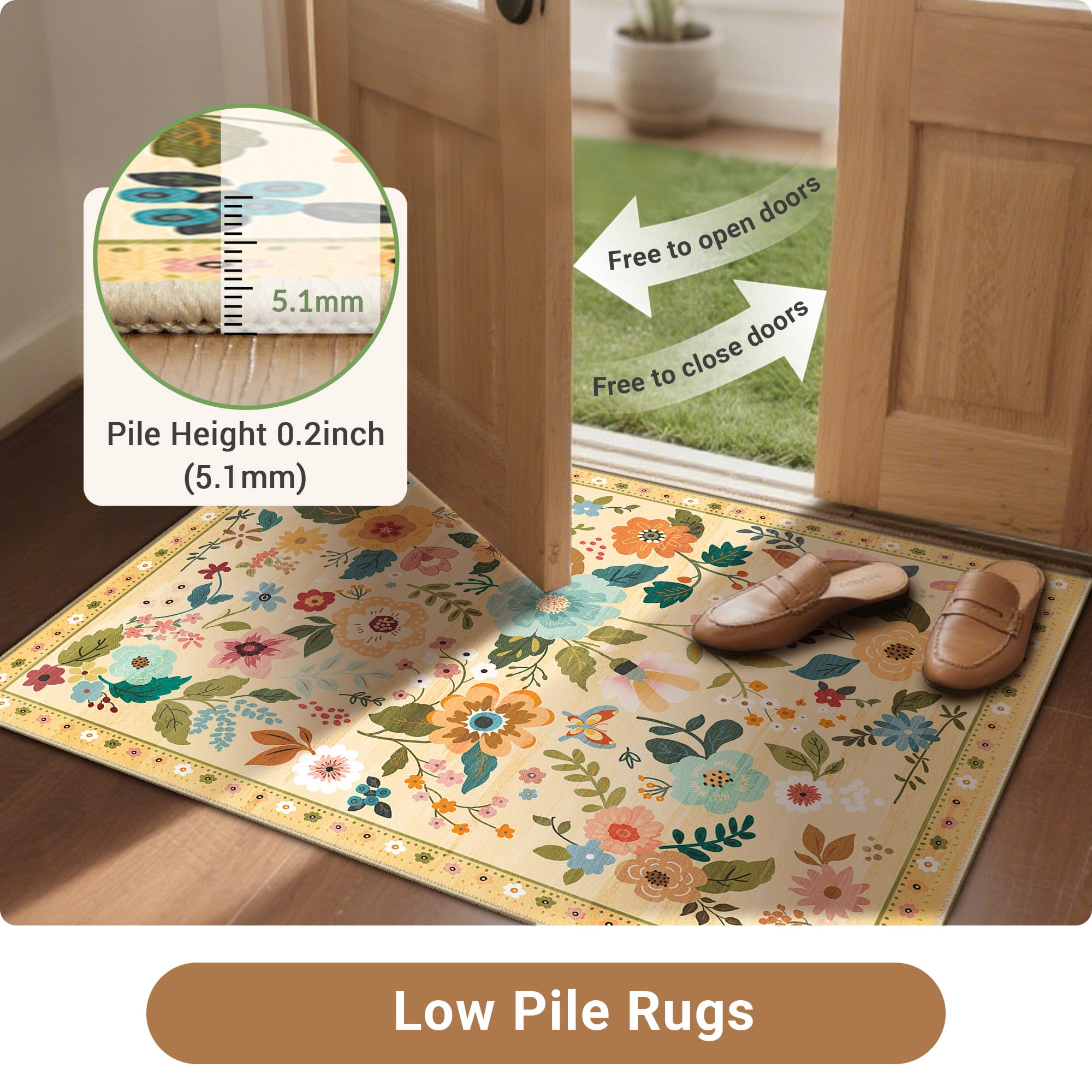 NewBuros 9'x12' Area Rugs, Boho Non Slip Washable Rugs for Living Room, Stain Resistant Soft Low Pile Indoor Floral Carpet for Bedroom Dining Room Office, Ivory Yellow