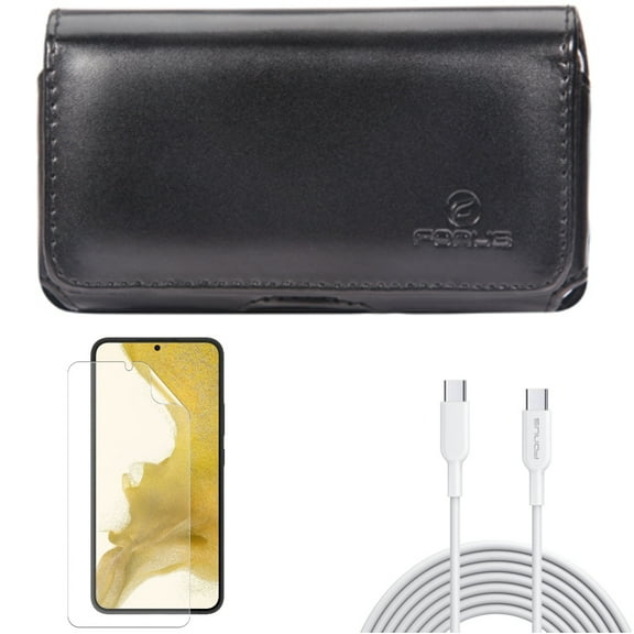 Case Belt Clip & Matte Screen Protector & 6ft Long Type-C Cable for Samsung Galaxy S22 (6.1") - Leather Swivel Holster & TPU Film Anti-Glare & PD Fast Charger Cord Power Accessory Bundle