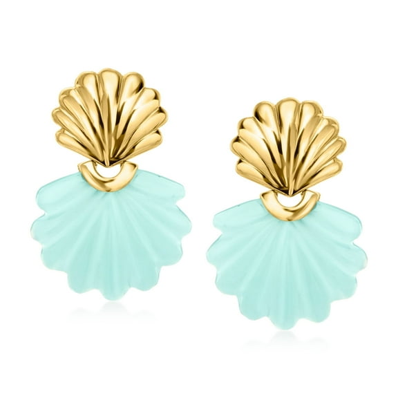 Ross-Simons Carved Blue Chalcedony Seashell Drop Earrings in 18kt Gold Over Sterling, Women's, Adult