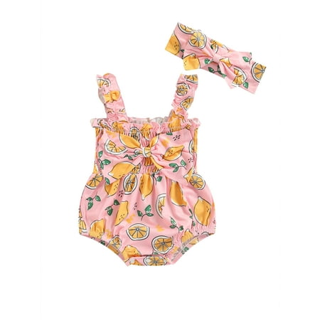 

Jkerther Summer Lovely Kids Baby Girls Clothing Casual Set Sleeveless Square Neck Lemon Pineapple Bow Knot Bodysuit with Bow Headband