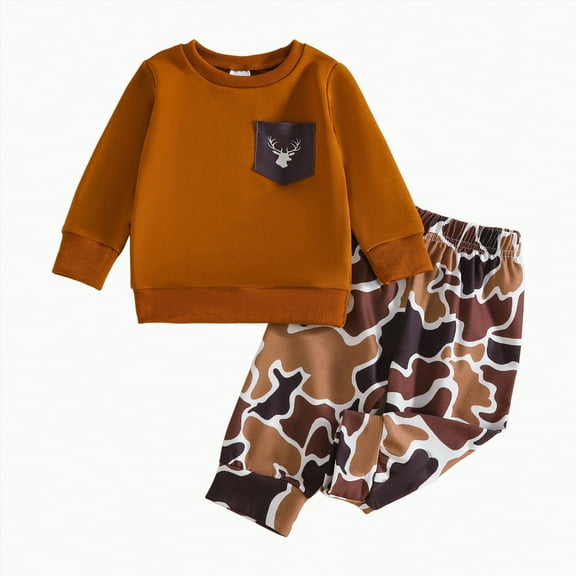 Kids Outfits Sets Toddler Baby Boy Autumn Winter Camouflage Long Sleeve Stretch 1T 2T 3T Everyday Outfit Set 2-Pieces